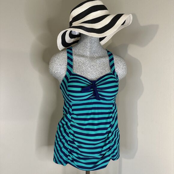 Oh Baby Motherhood Maternity Small 2pc Tankini skirt Swim Set Navy Aqua Nautical - Picture 1 of 16